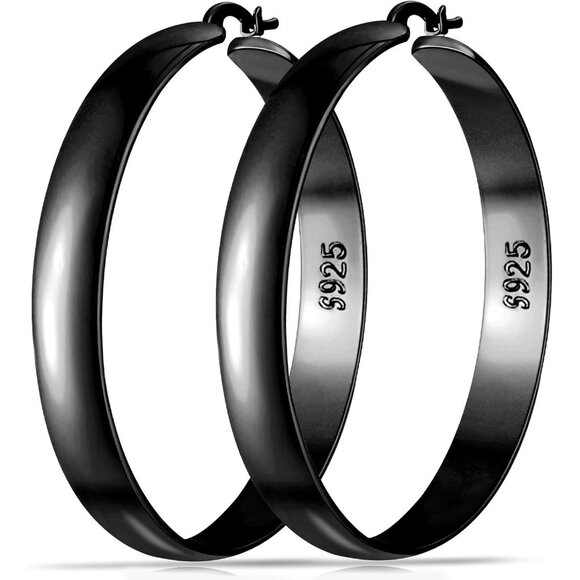 8mm Thick 925 Sterling Black Hoops Earrings Women 14K Real Gold Hoop Earring - Picture 1 of 6